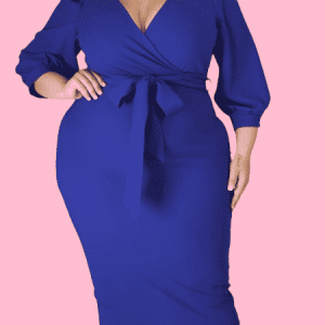 Robe mi longue à col V et manches bouffantes