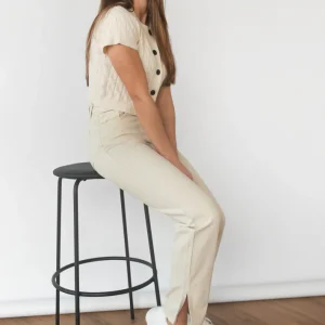 Jean Droit Beige Taille Haute Fendu Sur Les Côtés