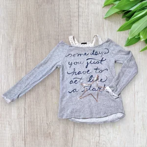 Haut Pull Fille 13-14 ans Sisley - Gris Épaules Dénudées et Détails Dentelle