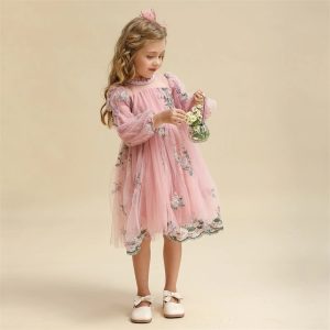 Robe de Princesse Florale Rose pour Fillette