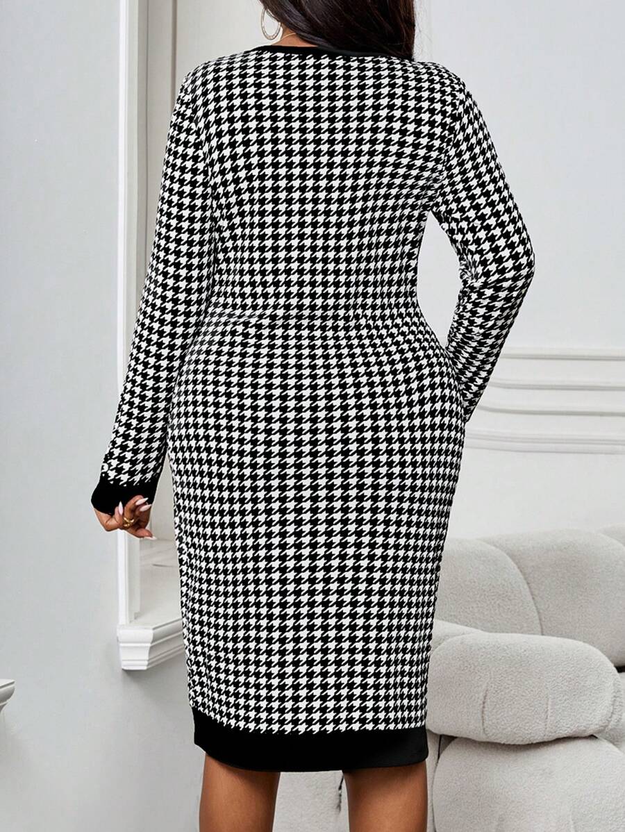 SHEIN GRANDE TAILLE (44/46/48/50/52/54) Robe élégante – Manches longues, col rond, motif bicolore, coupe crayon – Image 2