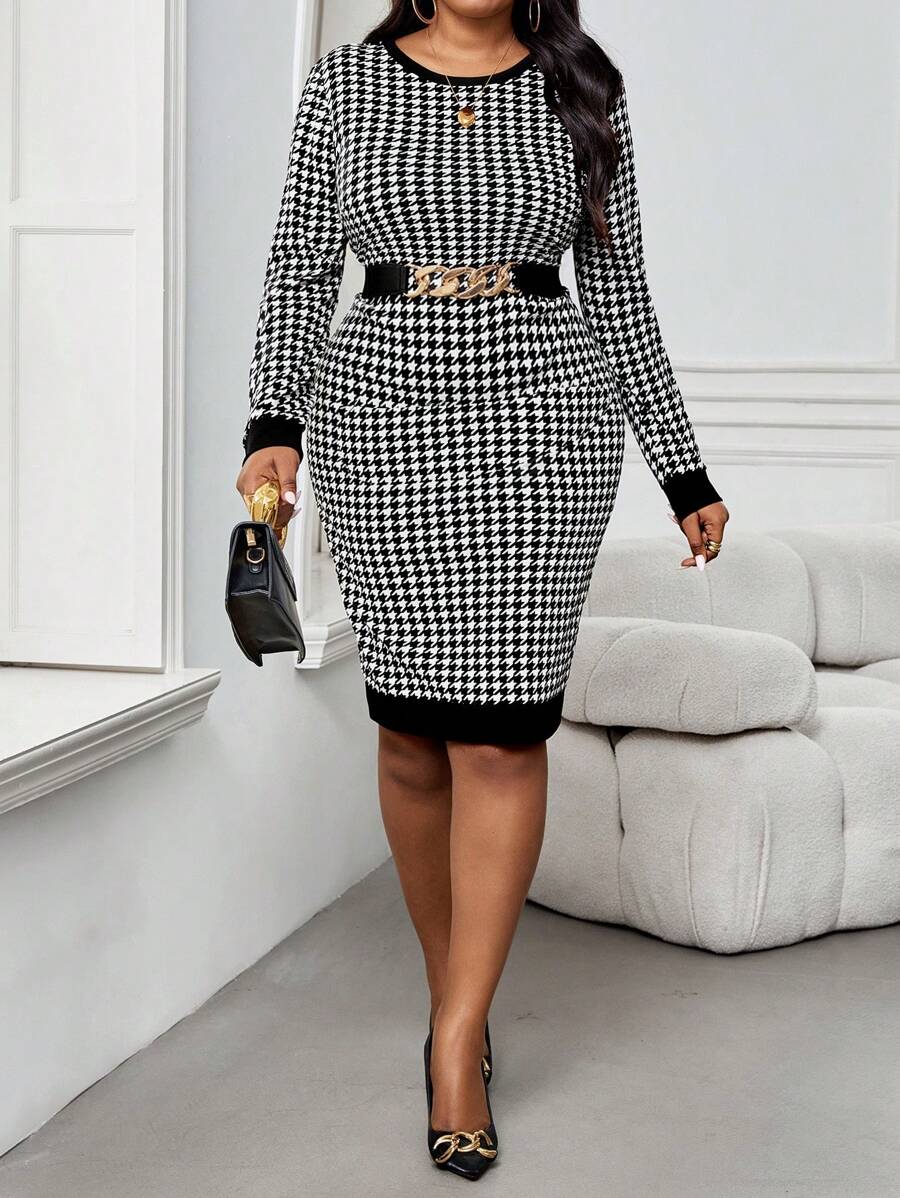 SHEIN GRANDE TAILLE (44/46/48/50/52/54) Robe élégante – Manches longues, col rond, motif bicolore, coupe crayon