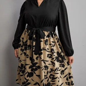 SHEIN GRANDE TAILLE (44/46 – Robe ceinturée – Imprimé floral, coupe trapèze, manches bouffantes