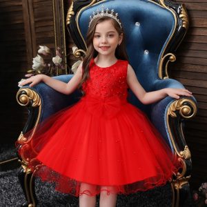 Robe Princesse Fillette Rouge à Perles