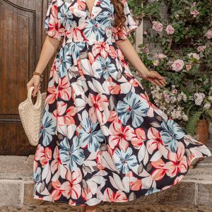 SHEIN GRANDE TAILLE (44/46/48/50/52/54) – Robe à fleurs avec encolure en V, manches volantées et taille haute