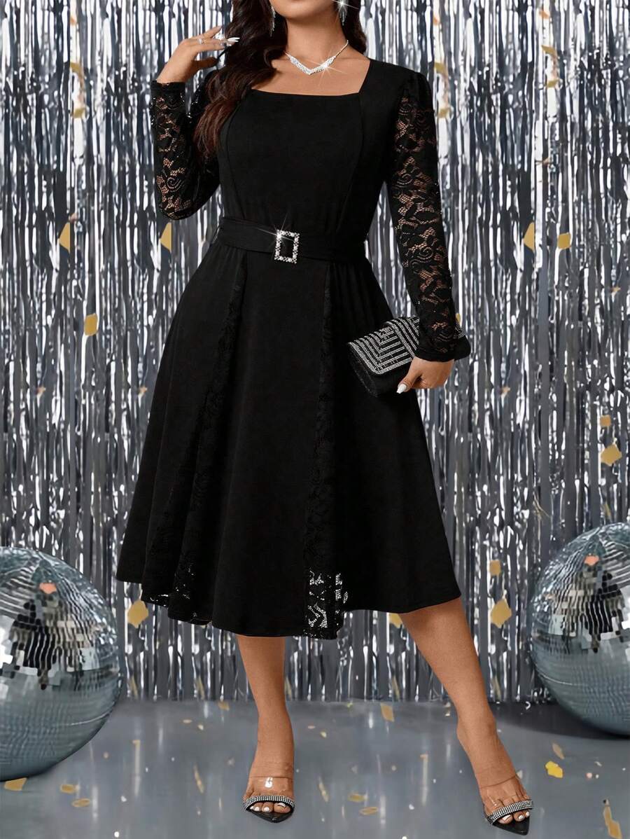 SHEIN GRANDE TAILLE (44/46/48/50/52/54) Robe de fête longue ornée de dentelle avec bande à la taille