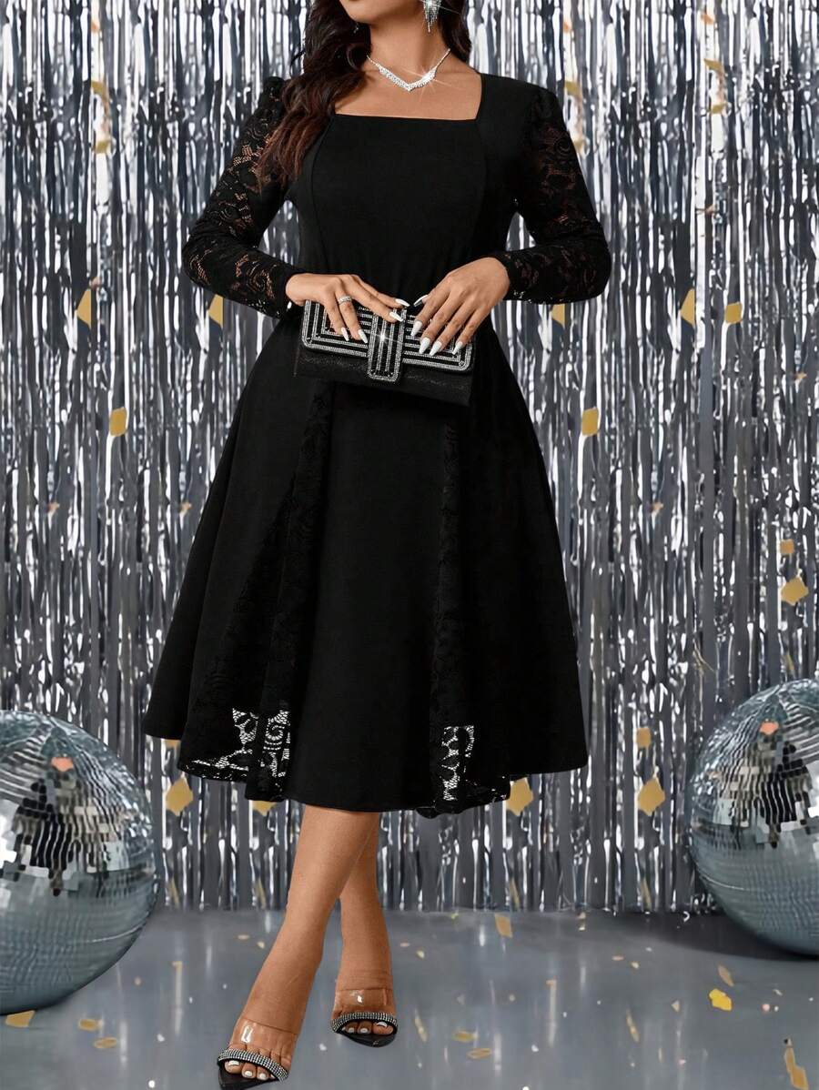 SHEIN GRANDE TAILLE (44/46/48/50/52/54) Robe de fête longue ornée de dentelle avec bande à la taille – Image 2