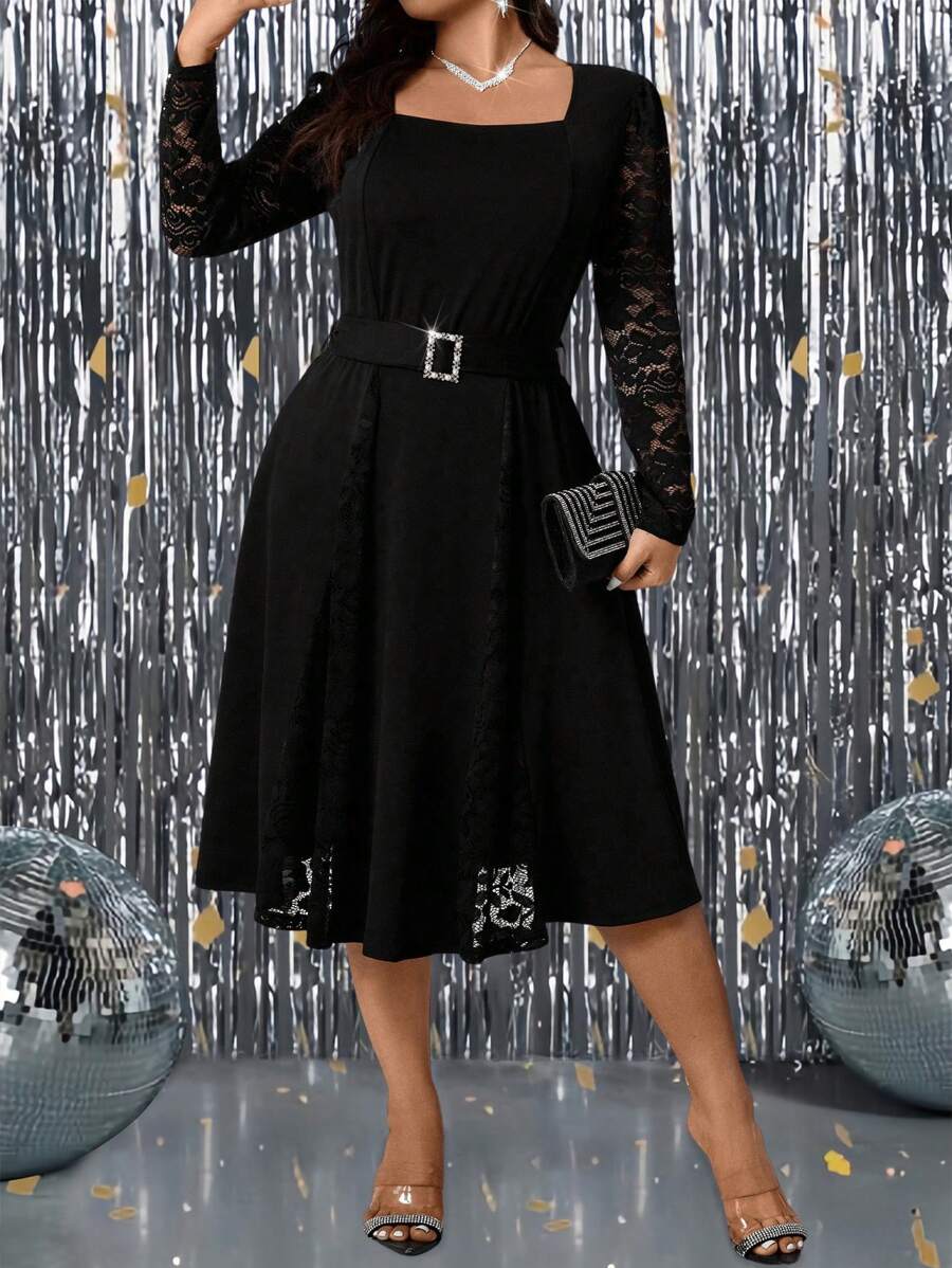 SHEIN GRANDE TAILLE (44/46/48/50/52/54) Robe de fête longue ornée de dentelle avec bande à la taille – Image 5
