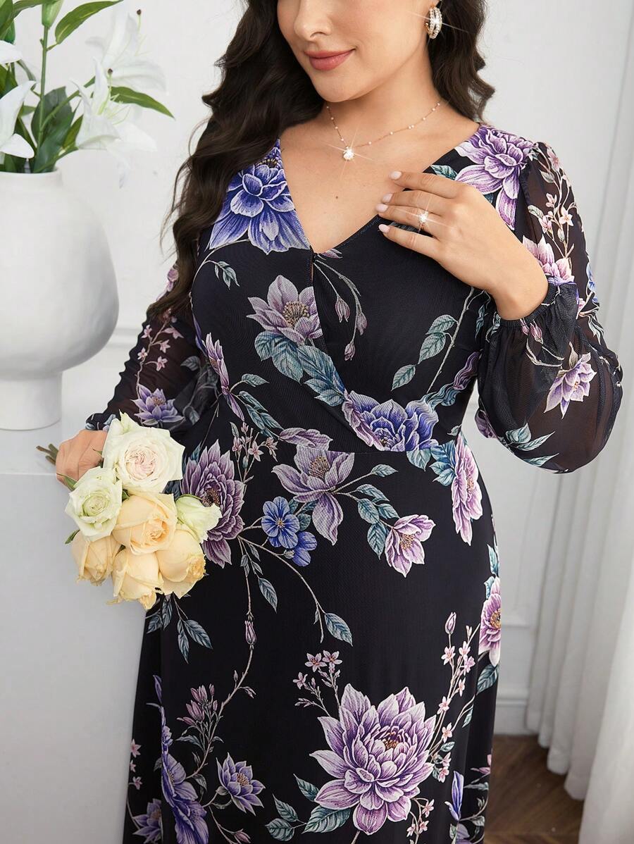 SHEIN GRANDE TAILLE (44/46/48/50/52/54) Robe élégante imprimée à fleurs avec manches lanterne – Image 2