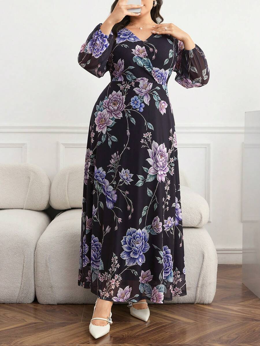 SHEIN GRANDE TAILLE (44/46/48/50/52/54) Robe élégante imprimée à fleurs avec manches lanterne – Image 4