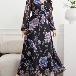 SHEIN GRANDE TAILLE (44/46/48/50/52/54) Robe élégante imprimée à fleurs avec manches lanterne