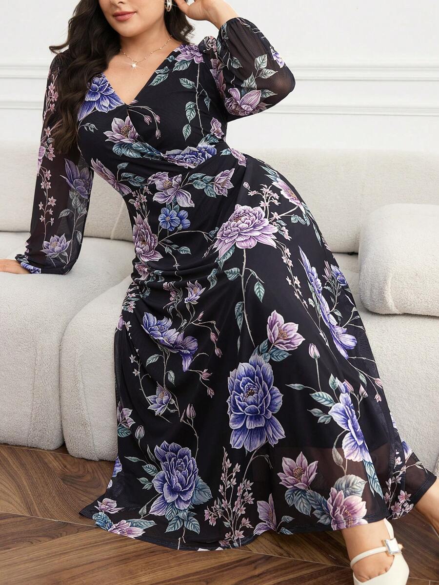 SHEIN GRANDE TAILLE (44/46/48/50/52/54) Robe élégante imprimée à fleurs avec manches lanterne – Image 5