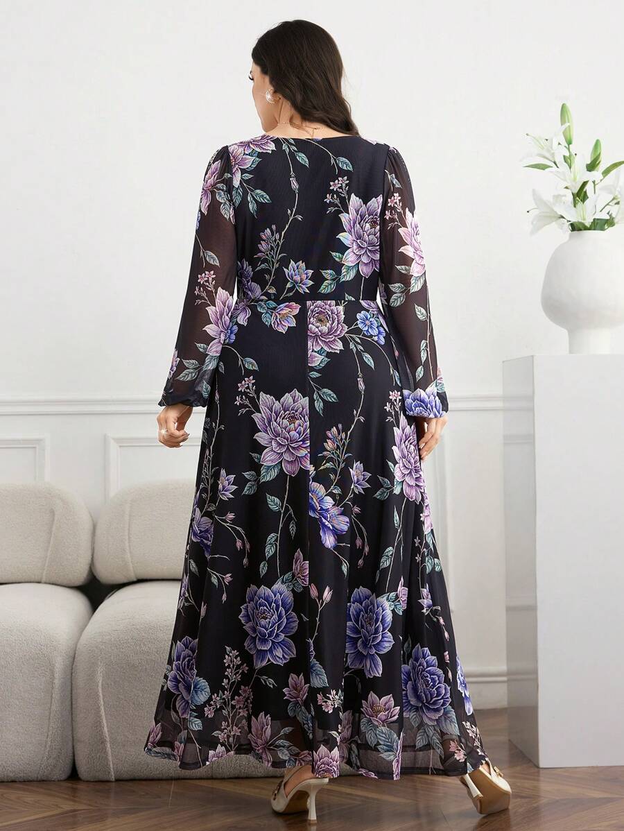 SHEIN GRANDE TAILLE (44/46/48/50/52/54) Robe élégante imprimée à fleurs avec manches lanterne – Image 6