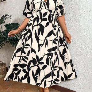 SHEIN GRANDE TAILLE (52/54) – Robe longue bohème à imprimé feuilles et col V