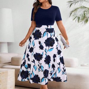 SHEIN GRANDE TAILLE (44/46/48/50/52/54) – Robe longue d’été à imprimé fleuri, col rond et manches courtes