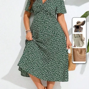 SHEIN GRANDE TAILLE (44/46/48/50/52/54) – Robe longue d&rsquo;été verte à fleurs, col en V et manches courtes – Idéale pour les grandes tailles, parfaite pour les occasions et les vacances