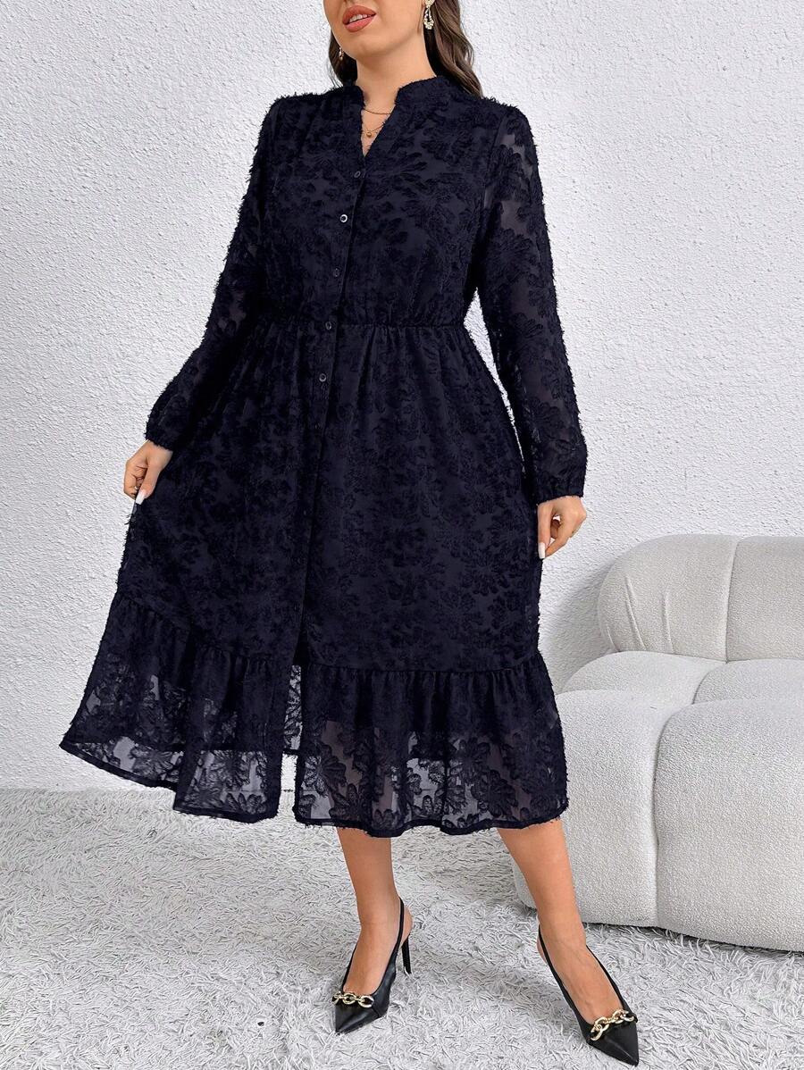 SHEIN GRANDE TAILLE (44/46/48/50/52/54) Robe longue élégante à manches longues avec dentelle et boutons frontaux, couleur unie – Image 3