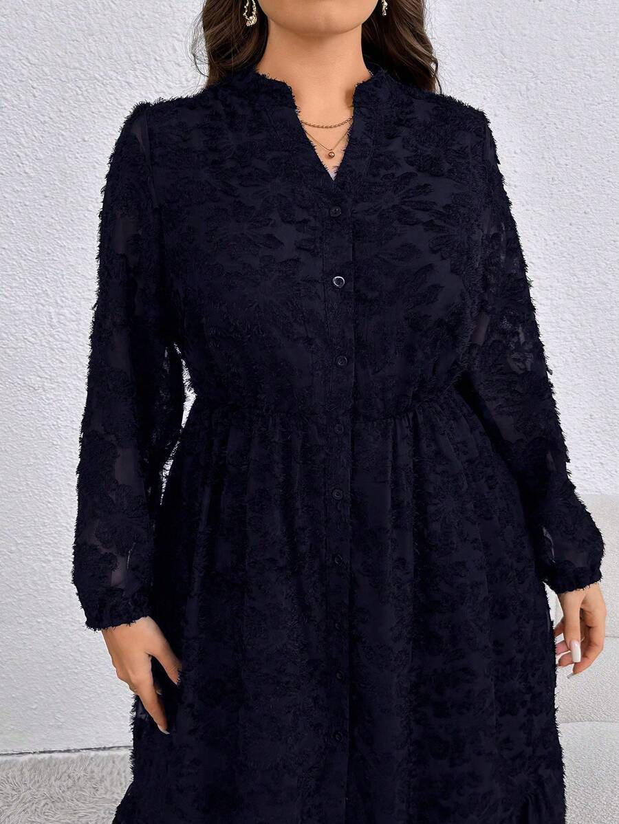 SHEIN GRANDE TAILLE (44/46/48/50/52/54) Robe longue élégante à manches longues avec dentelle et boutons frontaux, couleur unie – Image 4