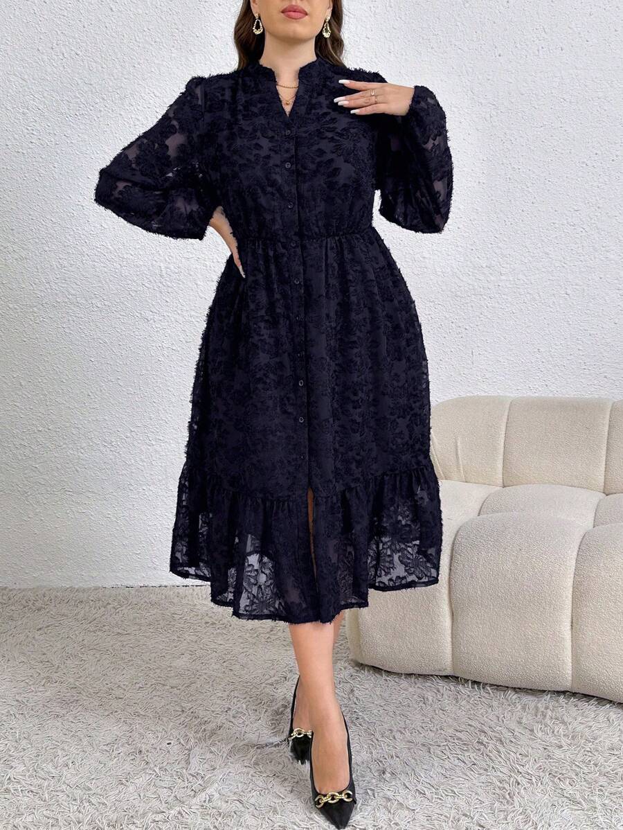SHEIN GRANDE TAILLE (44/46/48/50/52/54) Robe longue élégante à manches longues avec dentelle et boutons frontaux, couleur unie