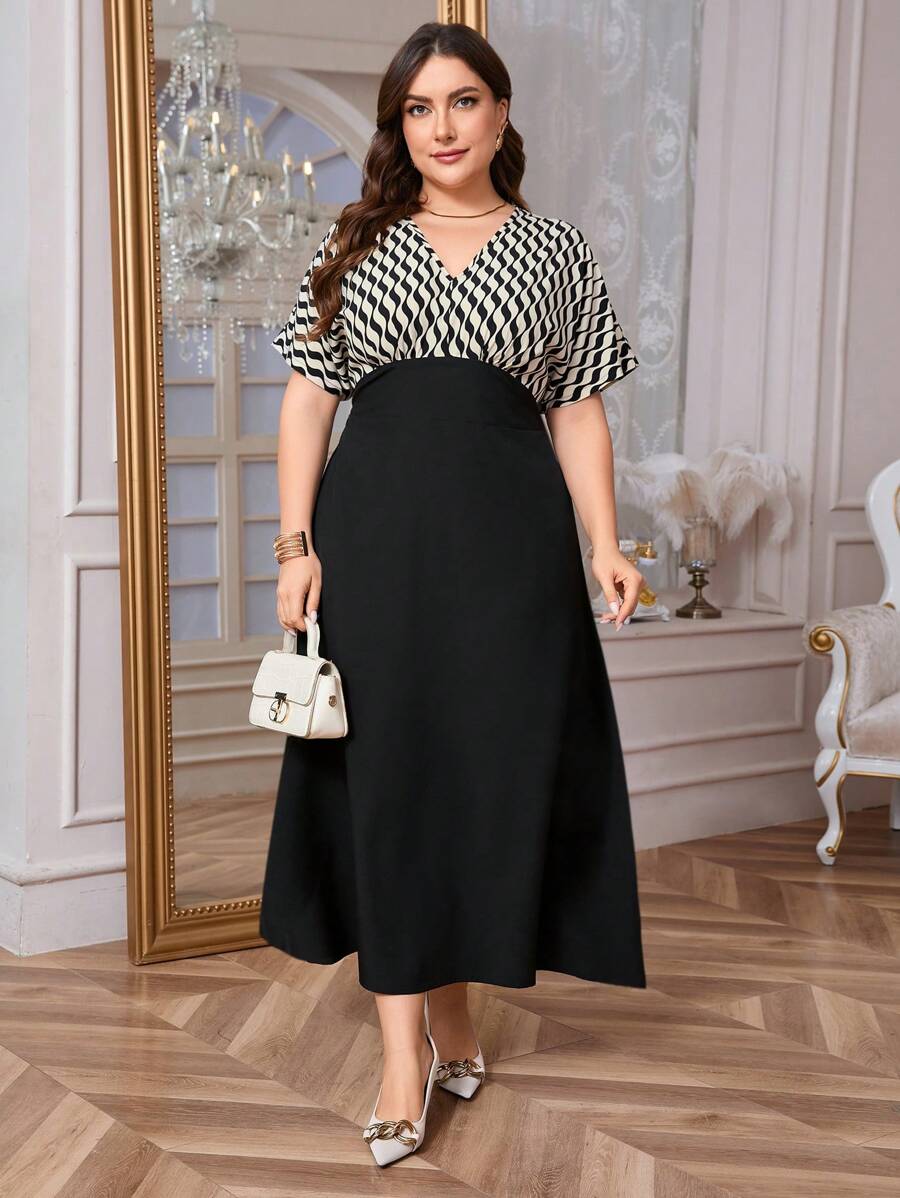 SHEIN GRANDE TAILLE (44/46/48/50/52/54) Robe longue grande taille à col en V à motifs colorés – Image 5