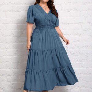 SHEIN GRANDE TAILLE (50/52/54) – Robe longue unie col V manches courtes plissée