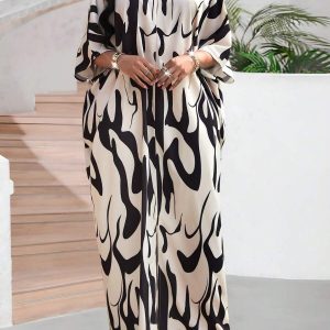 SHEIN GRANDE TAILLE (50/52/54) – Robe maxi blanche à col ouvert et manches tombantes en tissu texturé