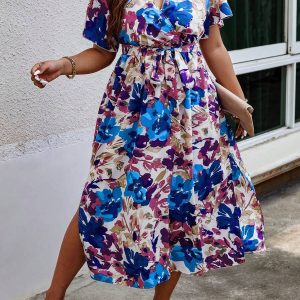 SHEIN GRANDE TAILLE (48/50/52/54) – Robe maxi fleurie à col en V avec ceinture