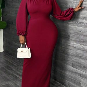 SHEIN GRANDE TAILLE (48/50/52/54) -Robe maxi moulante – rouge, manches lanternes, col montant, grande taille