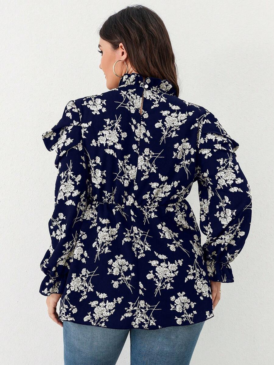 SHEIN GRANDE TAILLE (46/48/52/54) Blouse fleurie à plis avec volants et manches bouffantes – Image 4