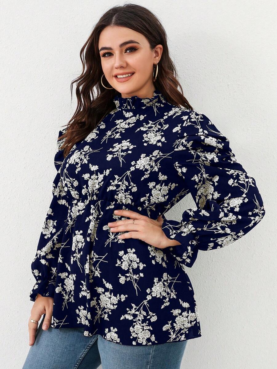SHEIN GRANDE TAILLE (46/48/52/54) Blouse fleurie à plis avec volants et manches bouffantes – Image 5