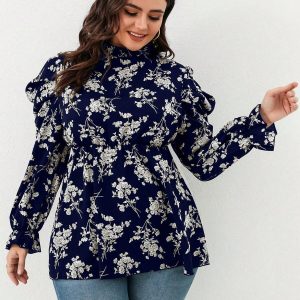 SHEIN GRANDE TAILLE (46/48/52/54) Blouse fleurie à plis avec volants et manches bouffantes