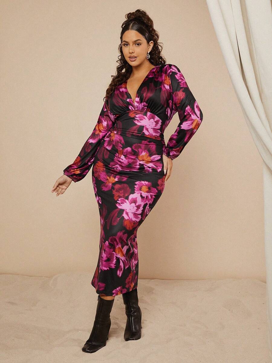 SHEIN GRANDE TAILLE (46/48/52/54) – Robe longue à fleurs avec manches longues et col en V – Image 4