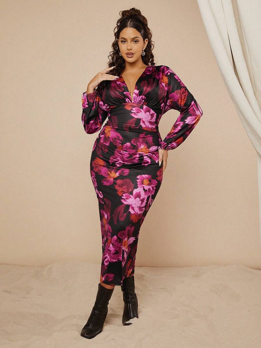 SHEIN GRANDE TAILLE (46/48/52/54) – Robe longue à fleurs avec manches longues et col en V – Image 3