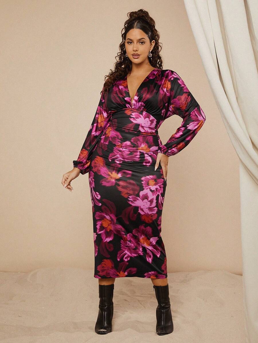 SHEIN GRANDE TAILLE (46/48/52/54) – Robe longue à fleurs avec manches longues et col en V – Image 6