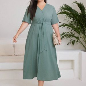 SHEIN GRANDE TAILLE (44/46/48/50/52/54) – Robe longue en lin unie sans manches avec ceinture à nouer