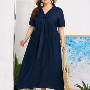 SHEIN GRANDE TAILLE (44/46/48/50) Robe maxi unie à smocks et nœud  sur le devant