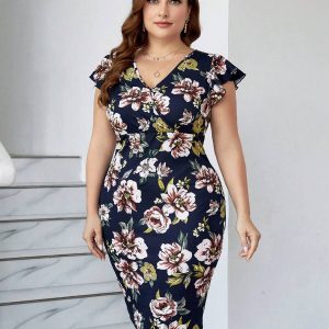 SHEIN GRANDE TAILLE (44/46/48) Robe moulante à fleurs imprimées avec volants aux manches