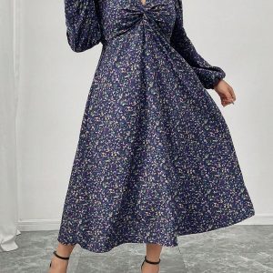SHEIN GRANDE TAILLE (52/54) – Robe fleurie à manches lanterne, élégante pour le printemps et l&rsquo;automne