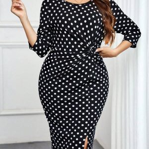 SHEIN GRANDE TAILLE (44/46/48/50/52/54)  – Robe à pois fendue, taille haute, grande taille