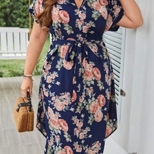 SHEIN GRANDE TAILLE (48/50/52)  – Robe bohème grande taille, imprimé fleuri, manches chauve-souris, ceinturée