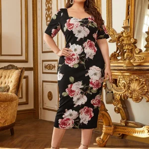 SHEIN GRANDE TAILLE (48/50/52/54)  – Robe longue grande taille, imprimé fleuri, col cœur